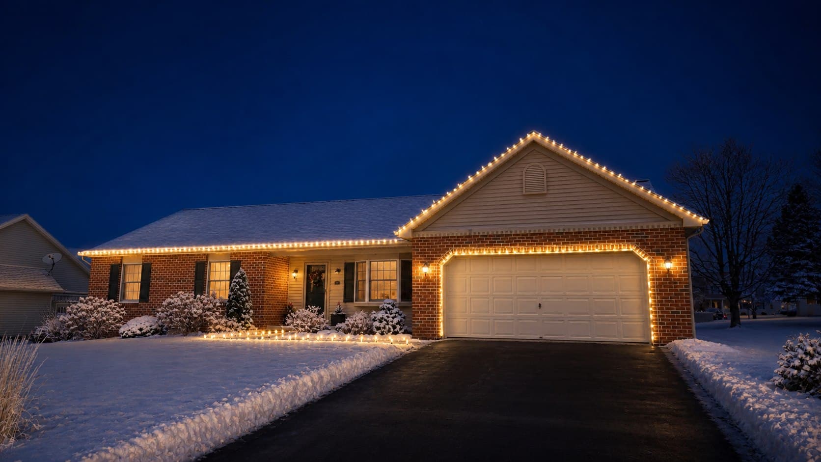 Warm-white roofline, garage, and landscape lighting on a snow-covered brick home in Lebanon, Pennsylvania