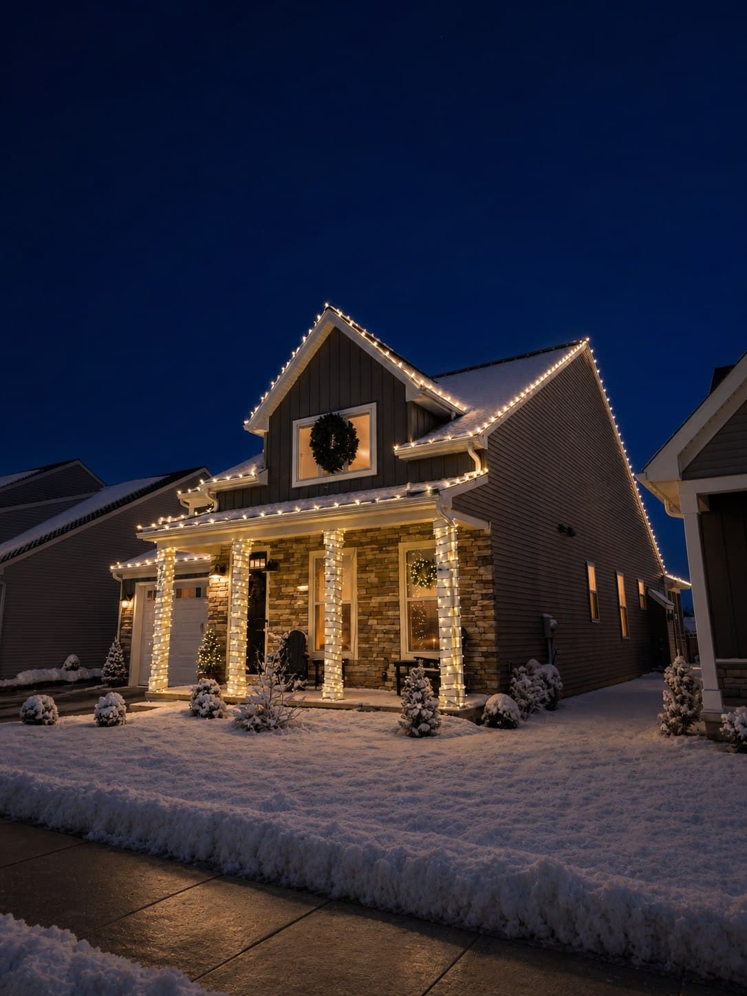 Warm-white roofline and porch lighting on a snow-covered cottage in Lebanon, Pennsylvania