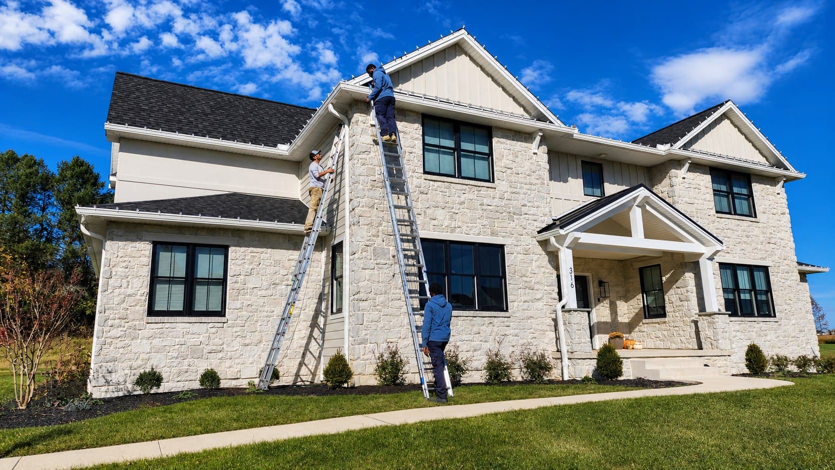 Penn Holiday Lights crew installing custom-fit roofline lights on a Mechanicsburg, Pennsylvania home