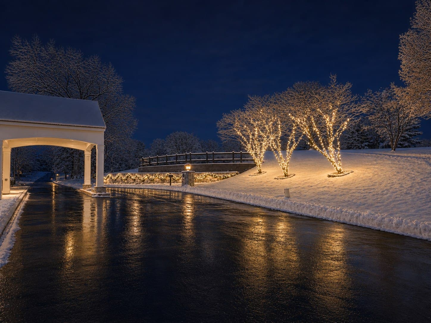 Warm-white wrapped trees and garland lighting at a snowy property entrance in Mechanicsburg, Pennsylvania