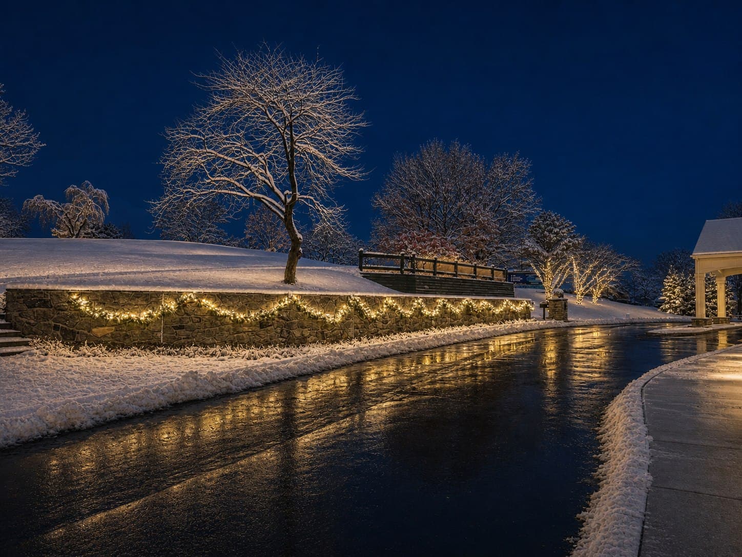 Warm-white garland and wrapped tree lighting reflected on a winter driveway in Mechanicsburg, Pennsylvania