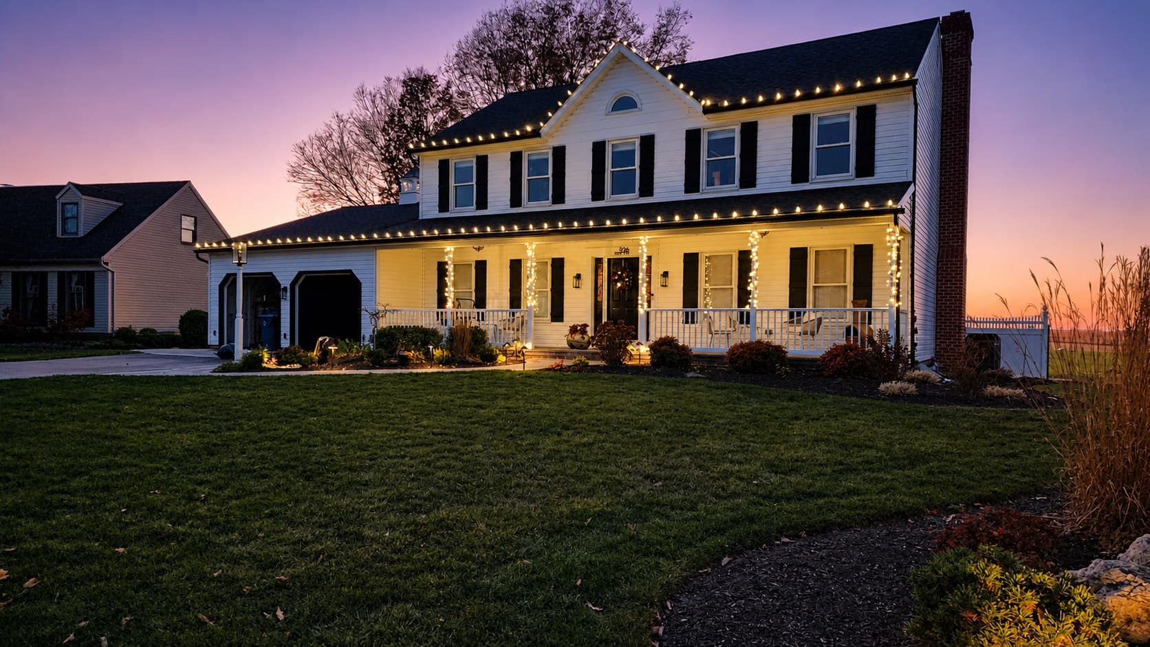 Warm-white roofline and wrapped porch column lighting on a colonial home in Mountville, Pennsylvania
