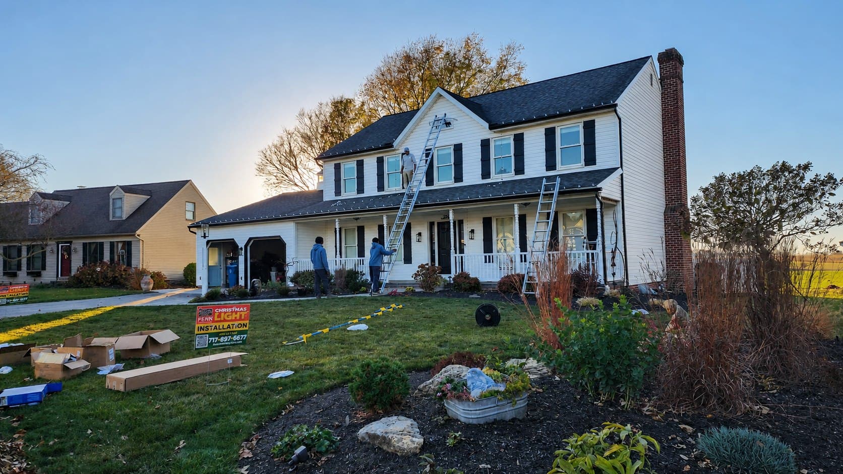 Penn Holiday Lights crew installing a complete roofline display on a Mountville, Pennsylvania home