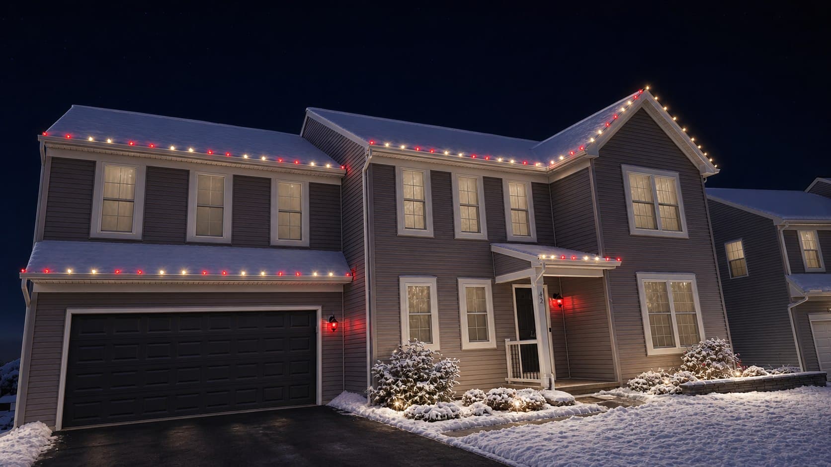 Red and warm-white C9 roofline lighting on a snow-covered home in Palmyra, Pennsylvania