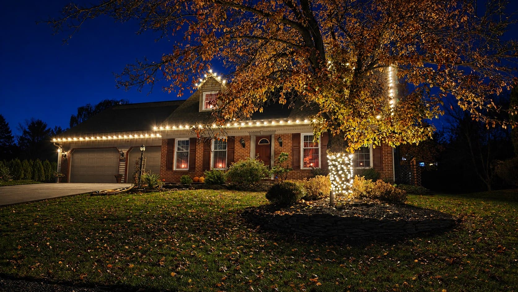 Warm-white roofline and wrapped tree lighting on a Palmyra, Pennsylvania home at blue hour