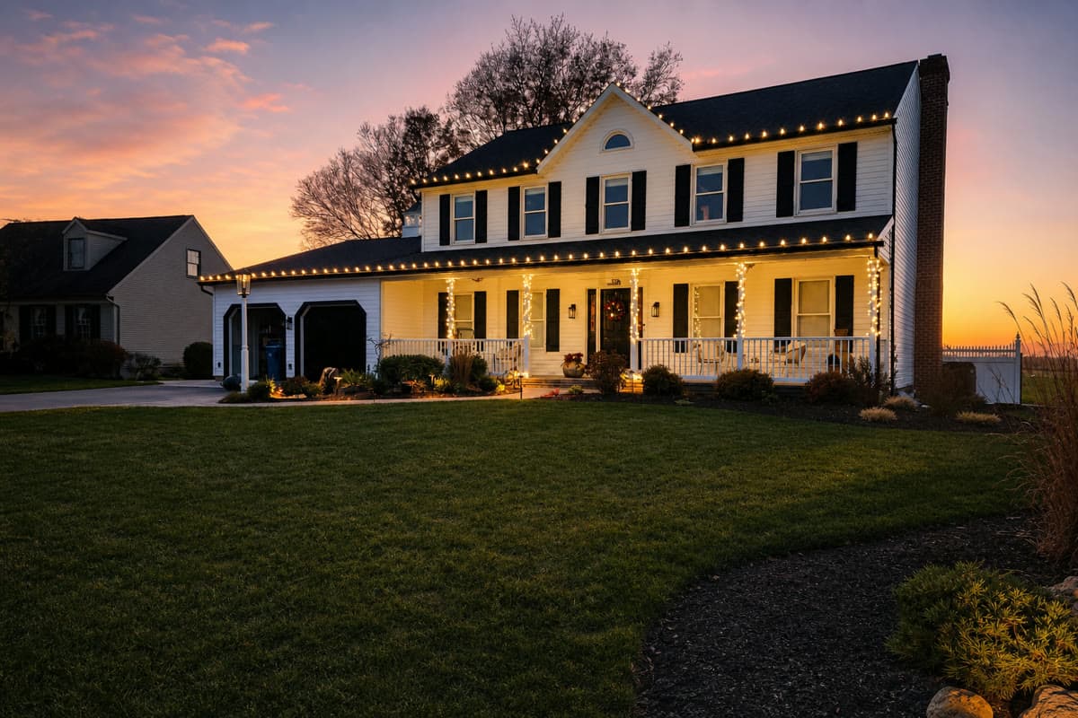 Warm-white roofline and wrapped porch columns