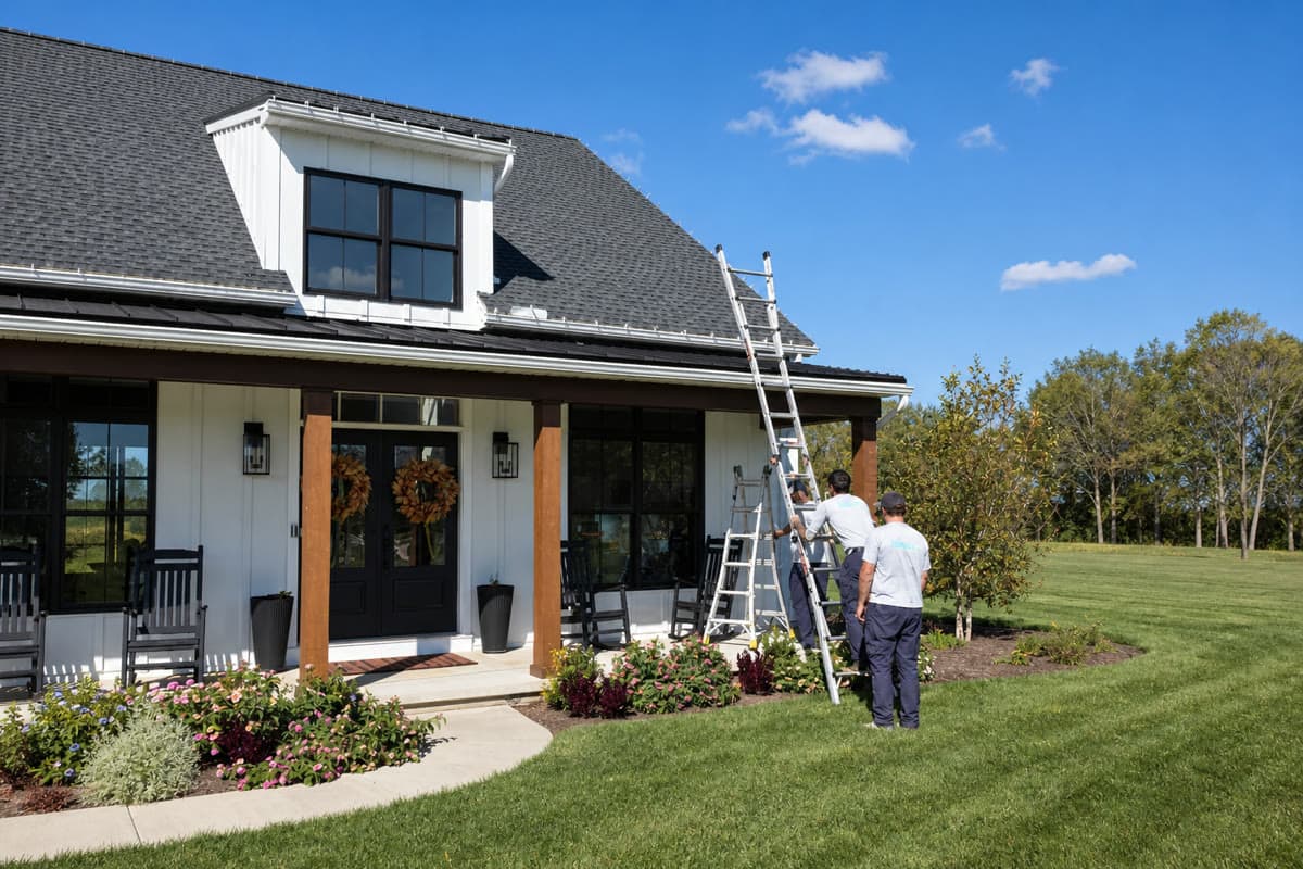 Penn Holiday Lights crew working from ladders during a roofline installation