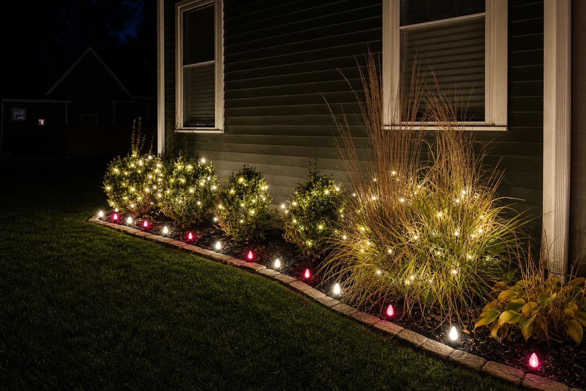 Red and white landscape lighting in Mount Joy