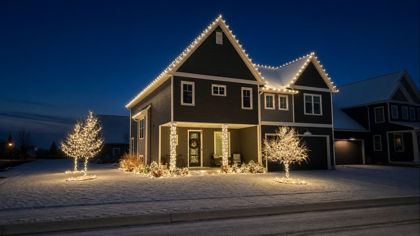 Penn Holiday Lights warm-white roofline, porch, tree, and landscape lighting on a snow-covered home