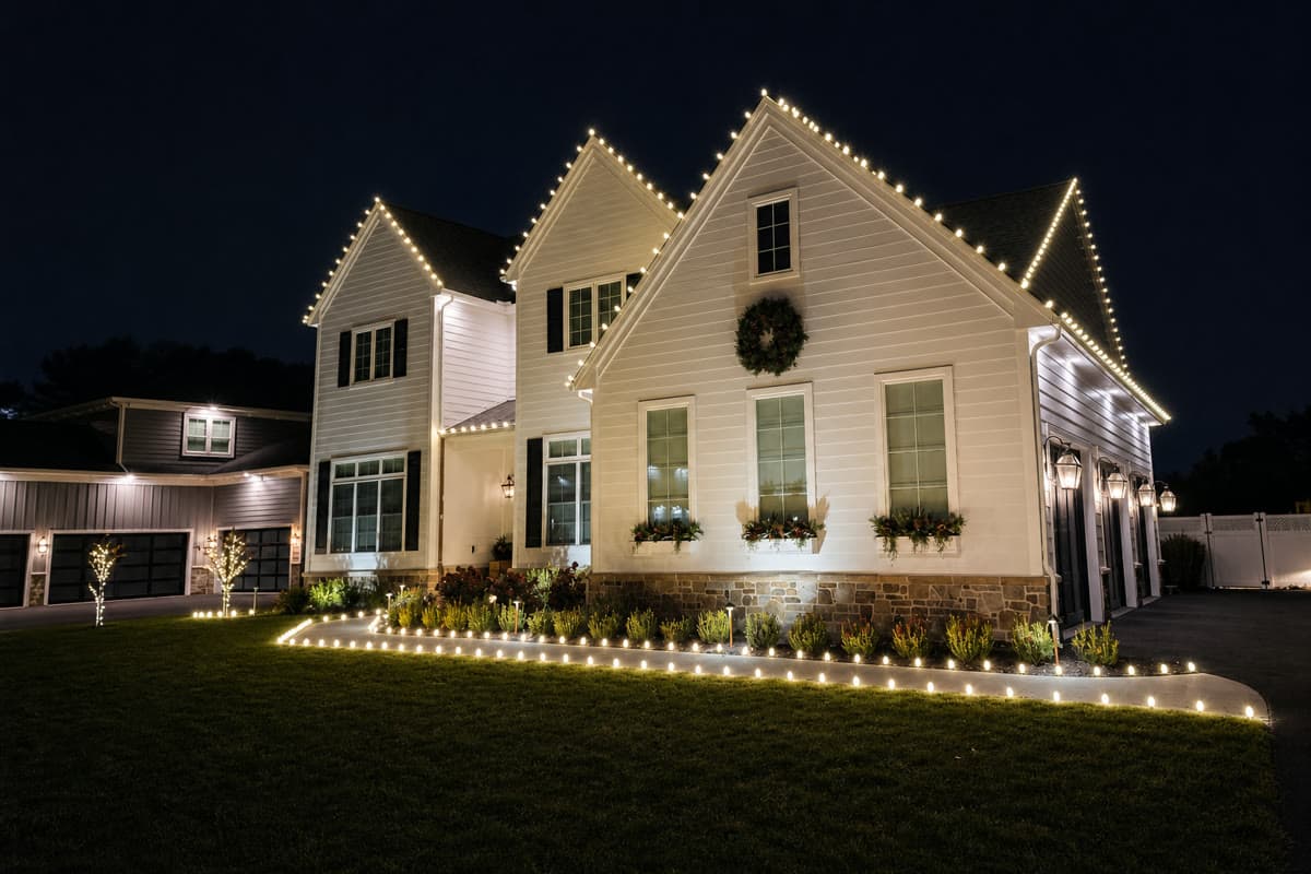 Warm-white roofline and walkway lighting in Lititz